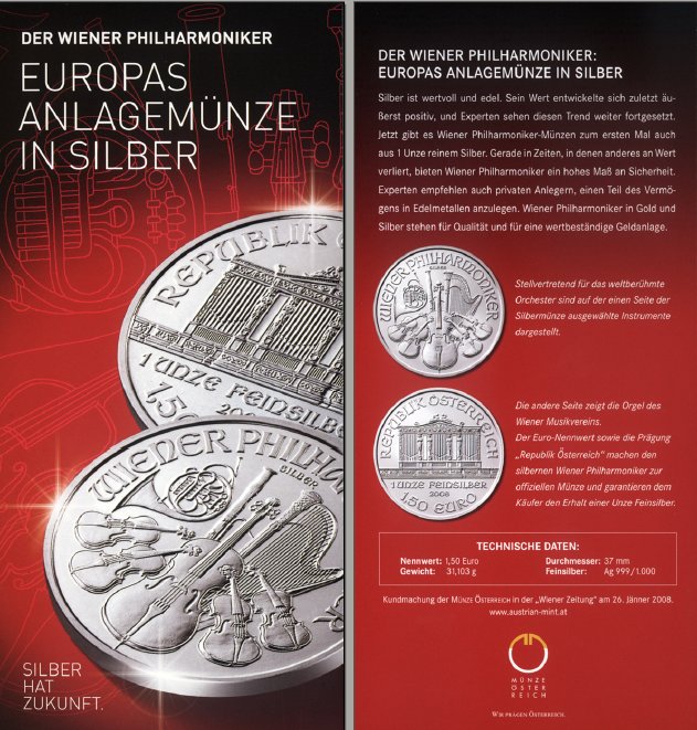 1,5 Euro, Srebrna moneta bulionowa Wiedeńscy Filharmonicy (Wiener Philharmoniker 1 oz)