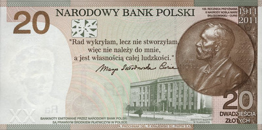 20 zł, Banknot kolekcjonerski - 100. rocznica przyznania Nagrody Nobla Marii Skłodowskiej-Curie, 2011